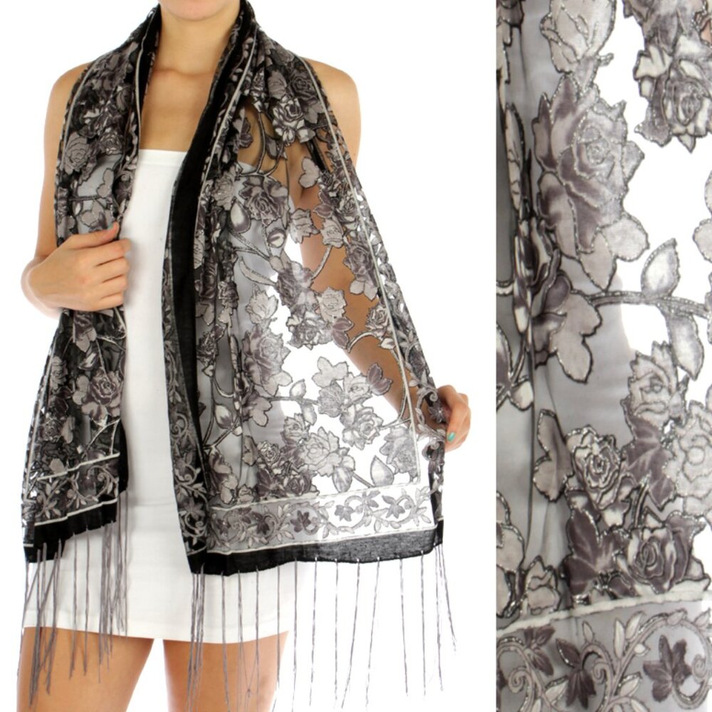 Metallic Flower Scarf Fringed Wrap Shawl White Black Silver Lightweight NWT